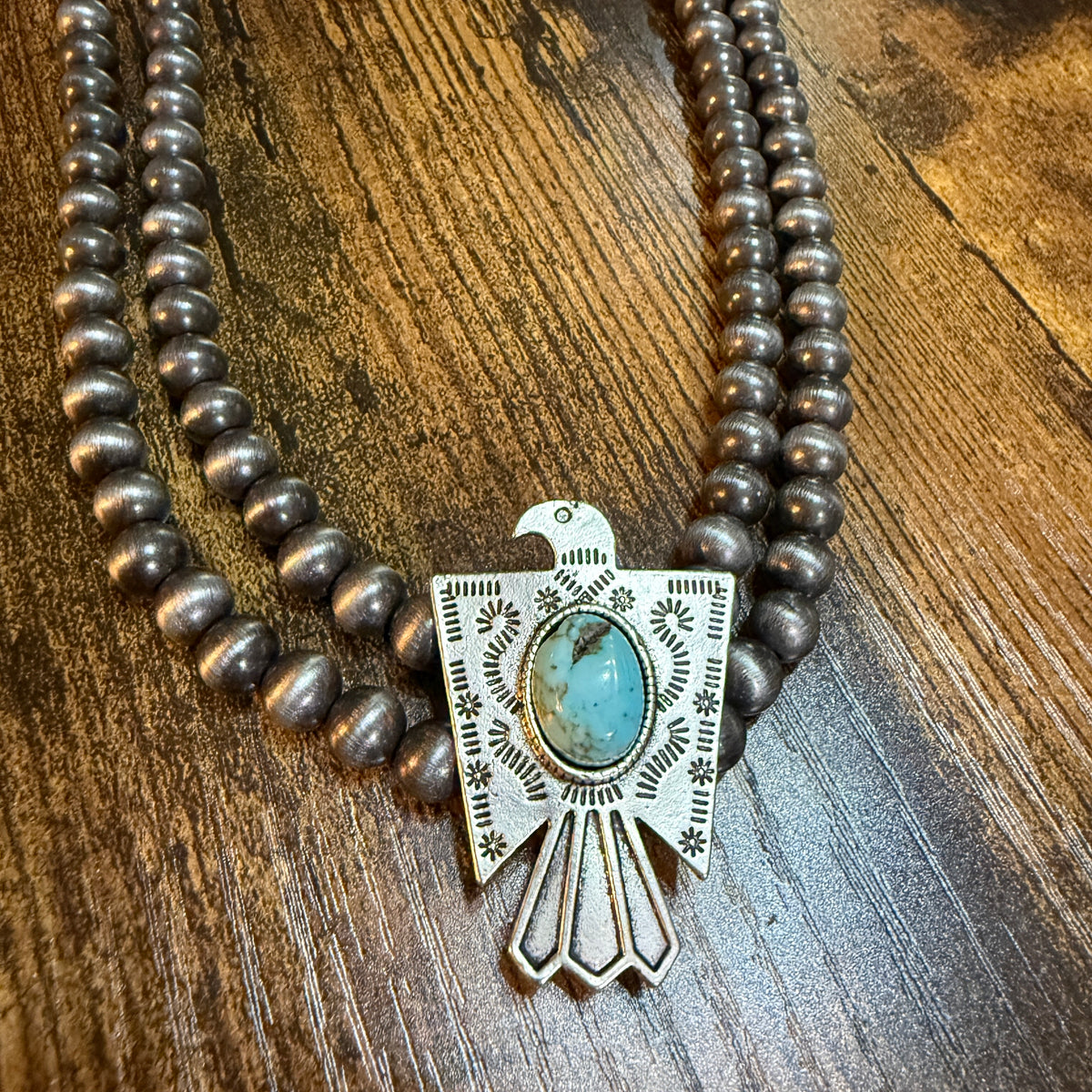 Handmade Navajo Style Bead Thunderbird Turquoise Choker Necklace 16 Inch 2 Strand Wild West Boho