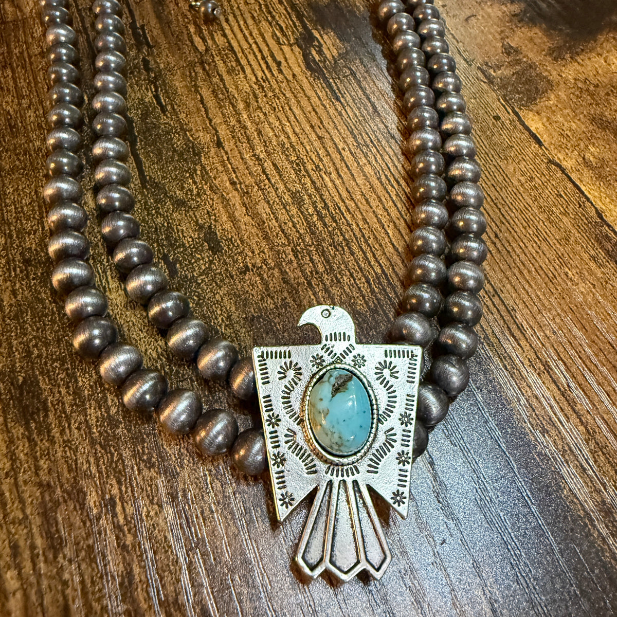 Handmade Navajo Style Bead Thunderbird Turquoise Choker Necklace 16 Inch 2 Strand Wild West Boho
