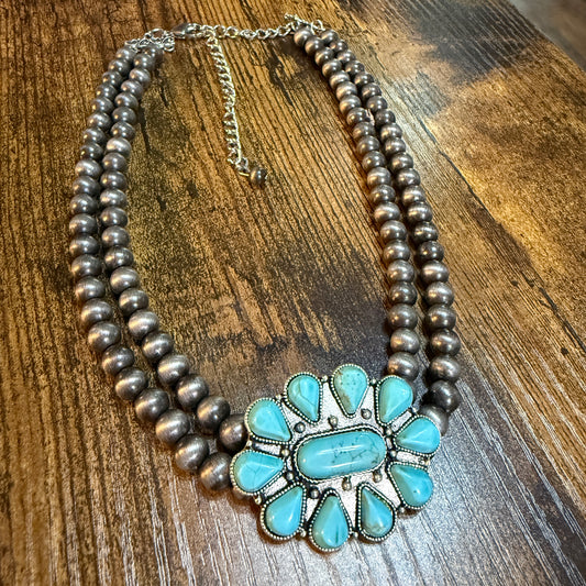 Handmade Navajo Style Turquoise Two Strand Choker Necklace 16 To 21 Inches With Extender Wild West Boho