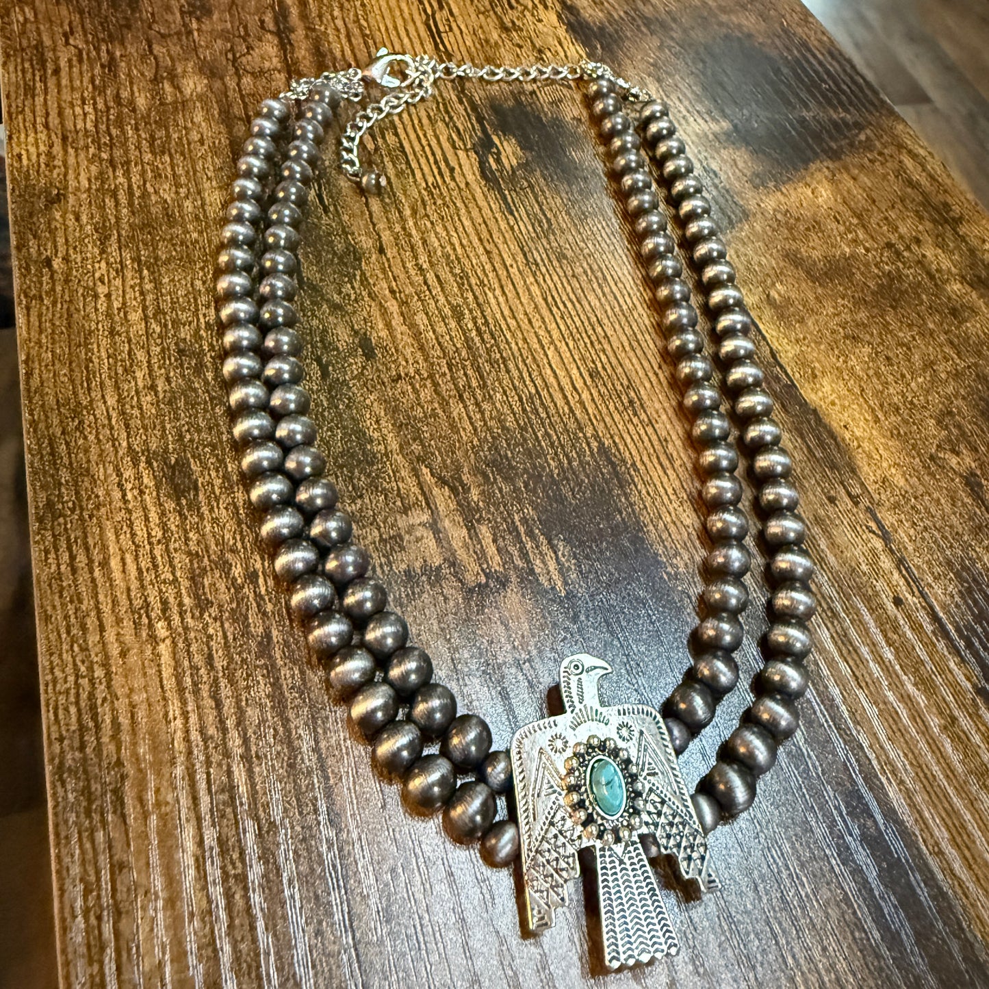 Handmade Navajo Thunderbird Pearl Bead Choker Necklace 16 Inch Wild West Boho