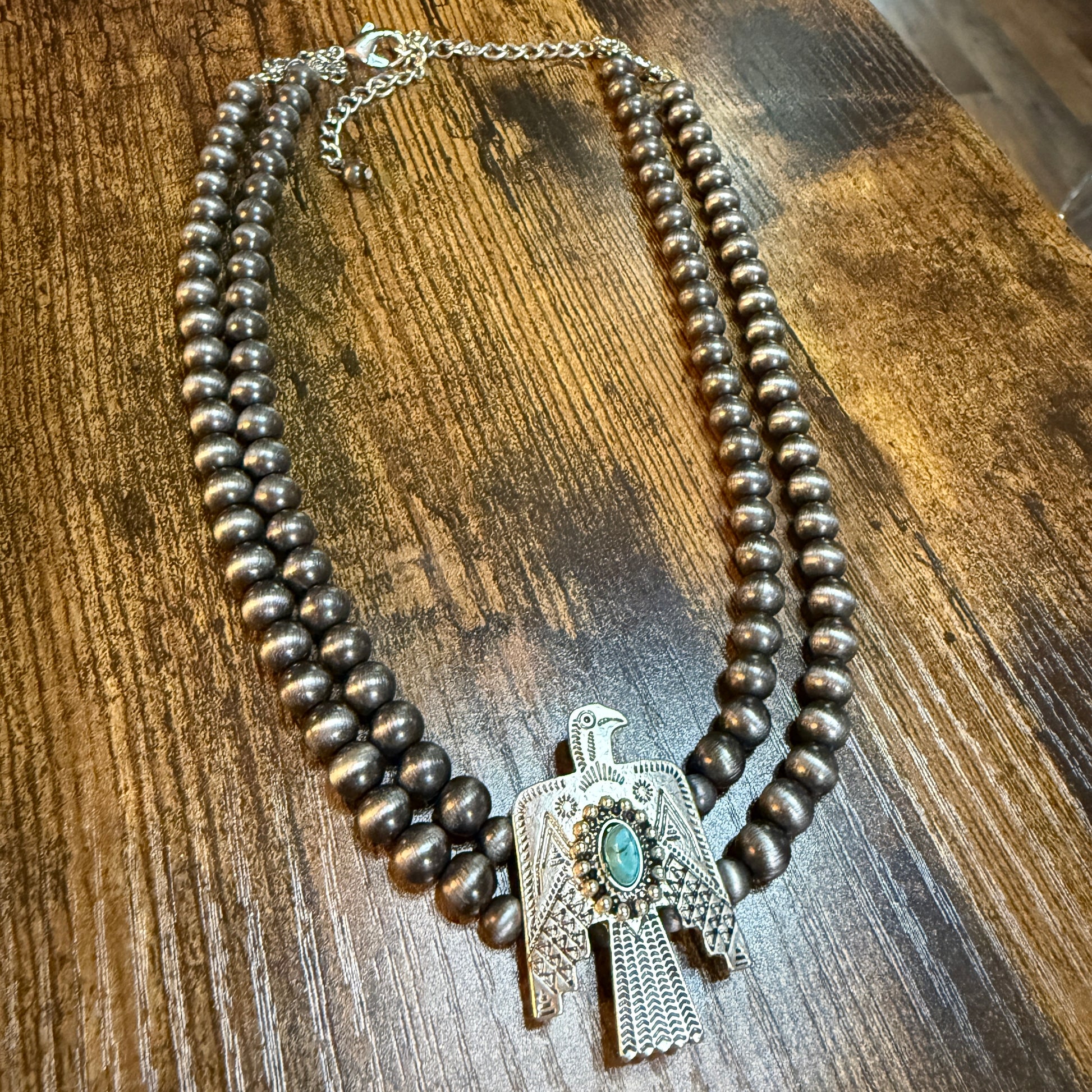Handmade Navajo Thunderbird Pearl Bead Choker Necklace 16 Inch Wild West Boho