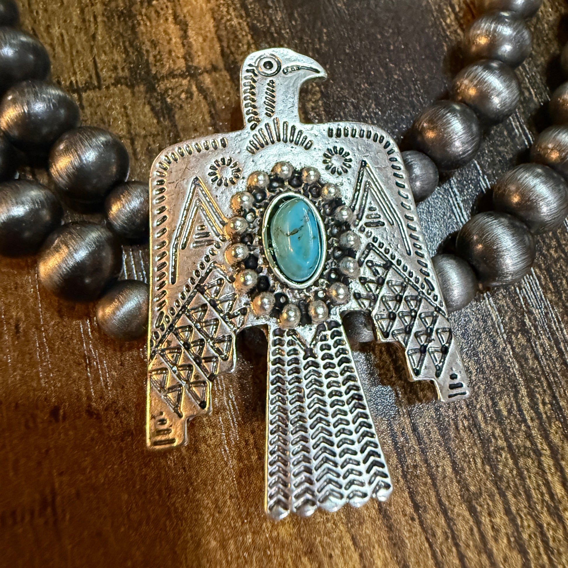 Handmade Navajo Thunderbird Pearl Bead Choker Necklace 16 Inch Wild West Boho