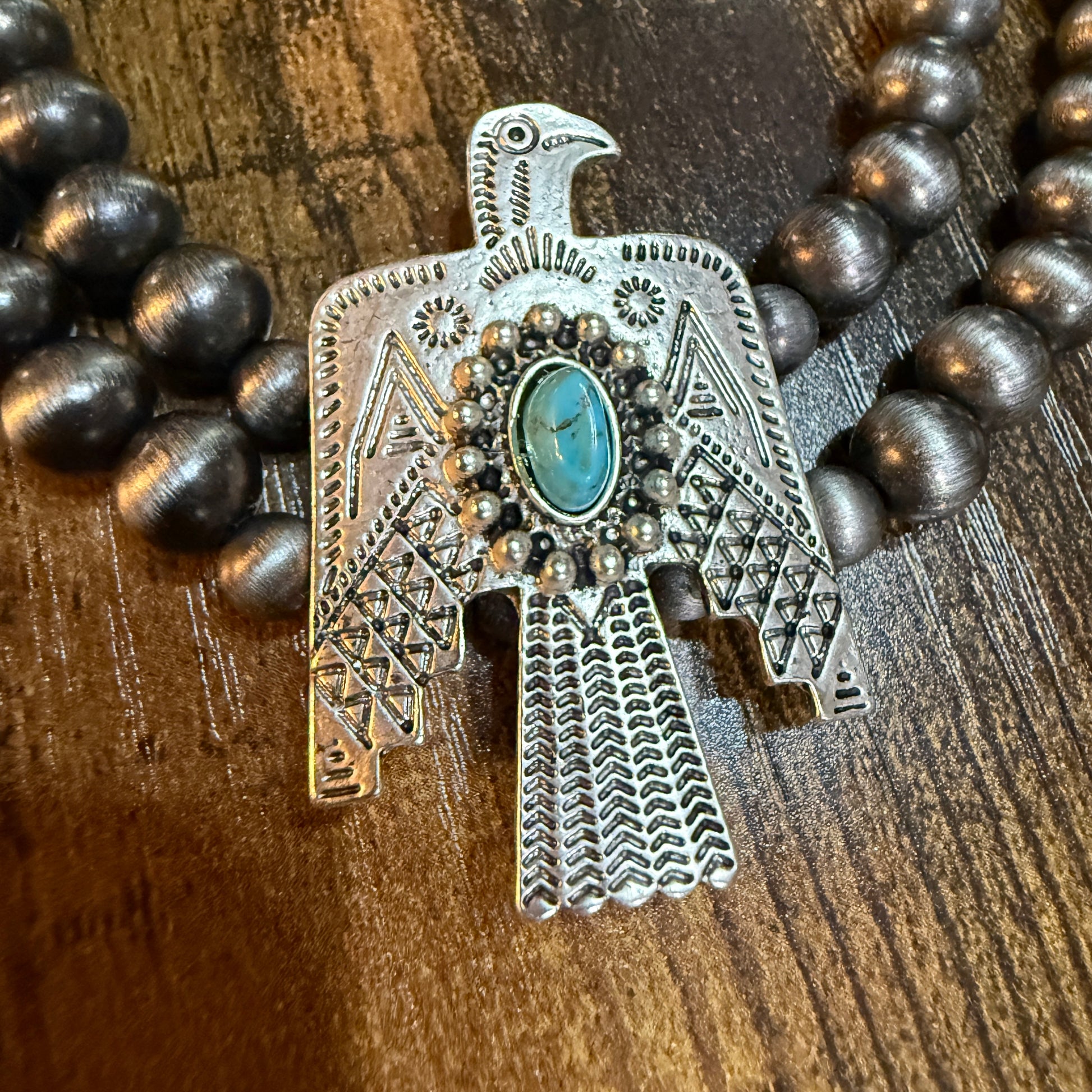 Handmade Navajo Thunderbird Pearl Bead Choker Necklace 16 Inch Wild West Boho