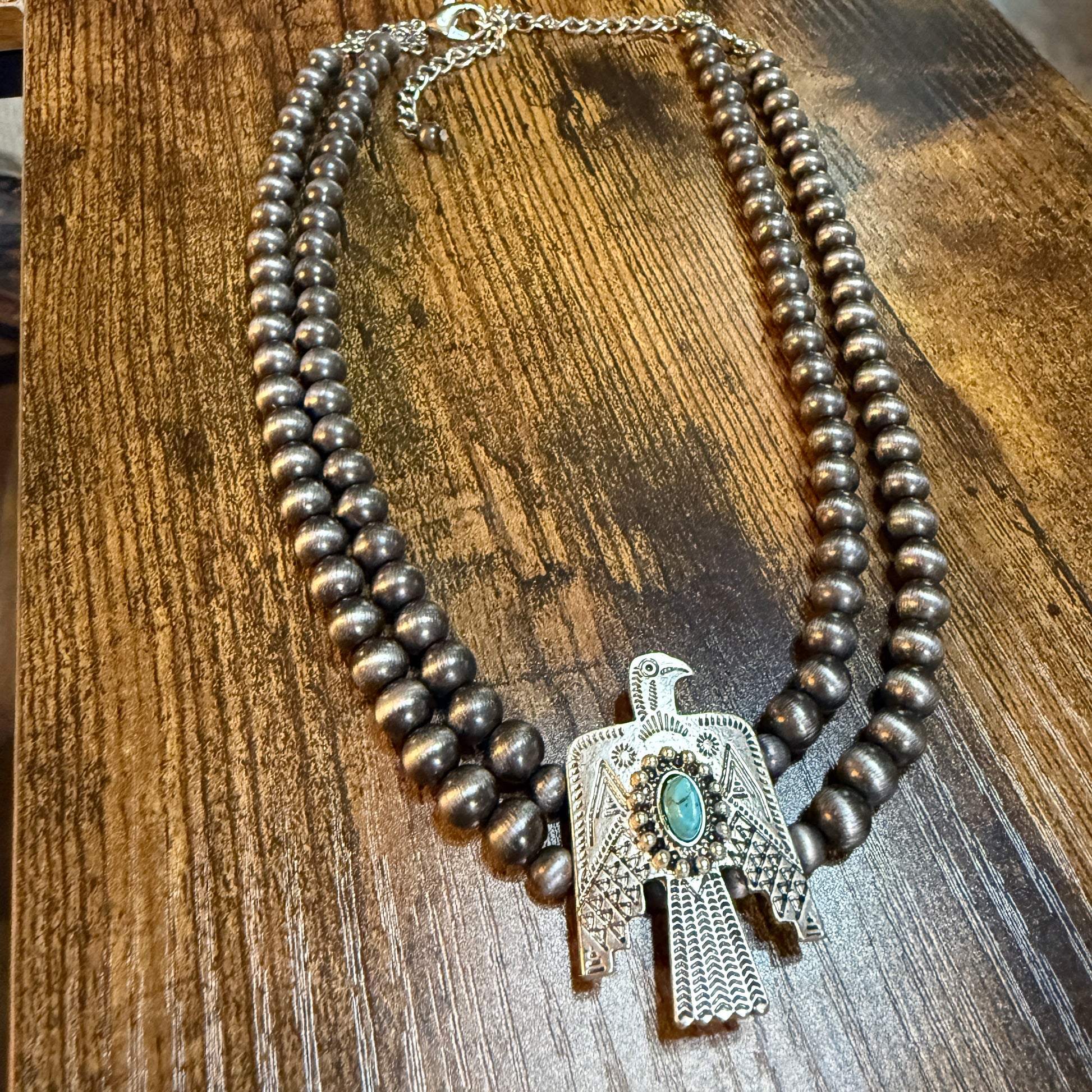 Handmade Navajo Thunderbird Pearl Bead Choker Necklace 16 Inch Wild West Boho
