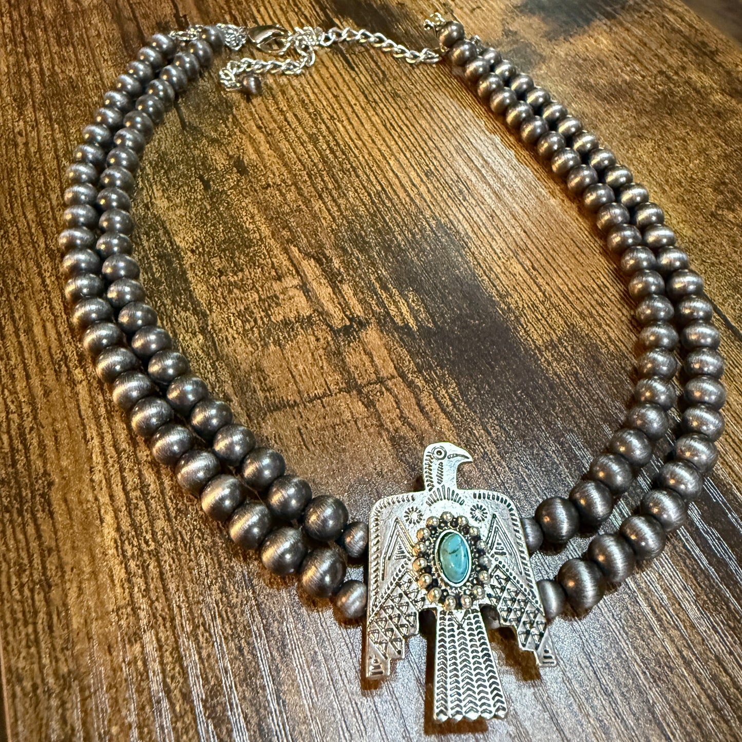 Handmade Navajo Thunderbird Pearl Bead Choker Necklace 16 Inch Wild West Boho