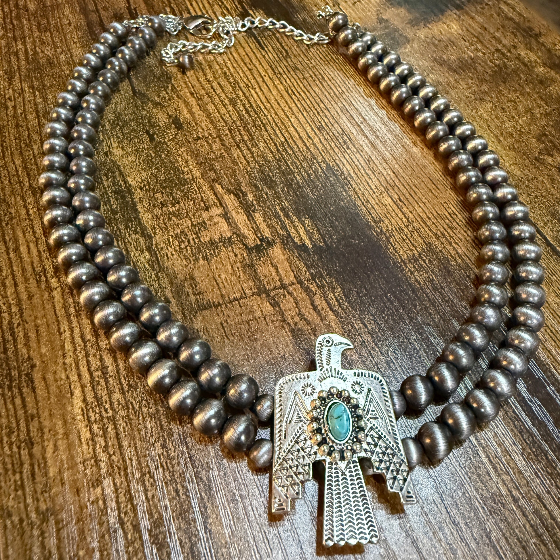Handmade Navajo Thunderbird Pearl Bead Choker Necklace 16 Inch Wild West Boho