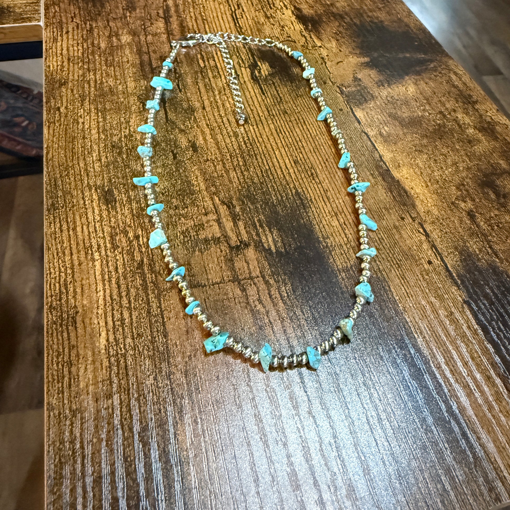 Handmade Navajo Style Turquoise Chip Necklace With Silver Tone Beads 16 To 21 Inches Wild West Boho