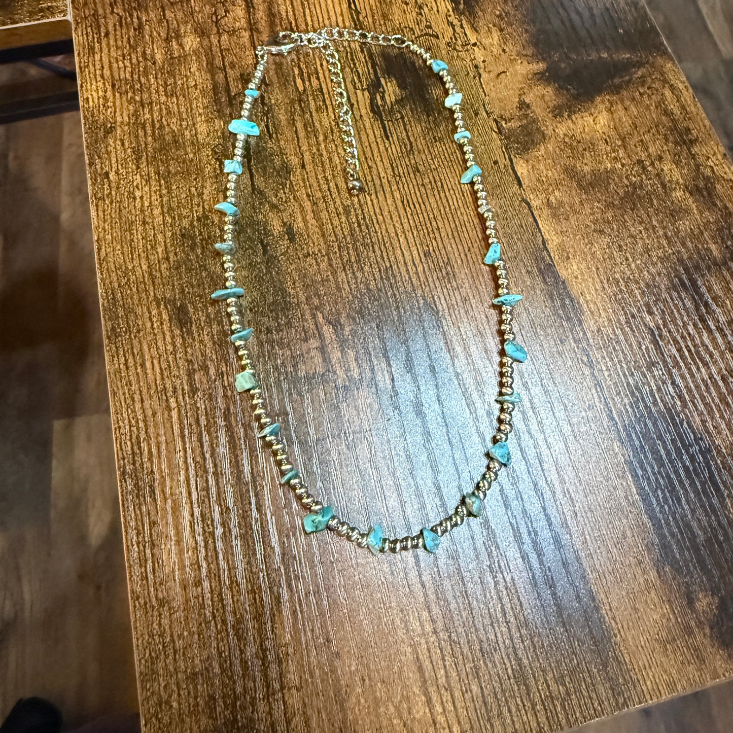 Handmade Navajo Style Turquoise Chip Necklace With Silver Tone Beads 16 To 21 Inches Wild West Boho
