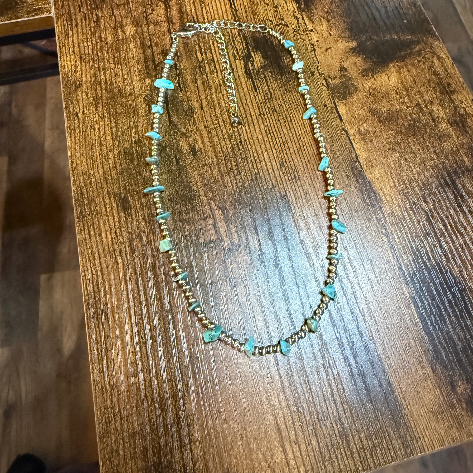 Handmade Navajo Style Turquoise Chip Necklace With Silver Tone Beads 16 To 21 Inches Wild West Boho