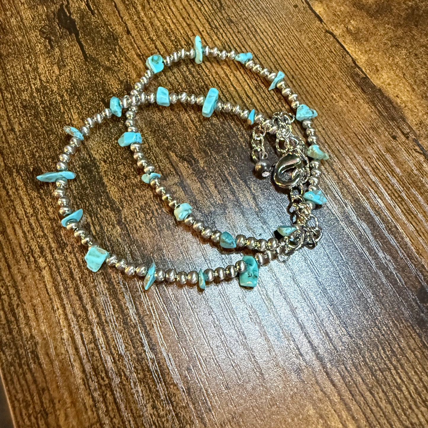 Handmade Navajo Style Turquoise Chip Necklace With Silver Tone Beads 16 To 21 Inches Wild West Boho