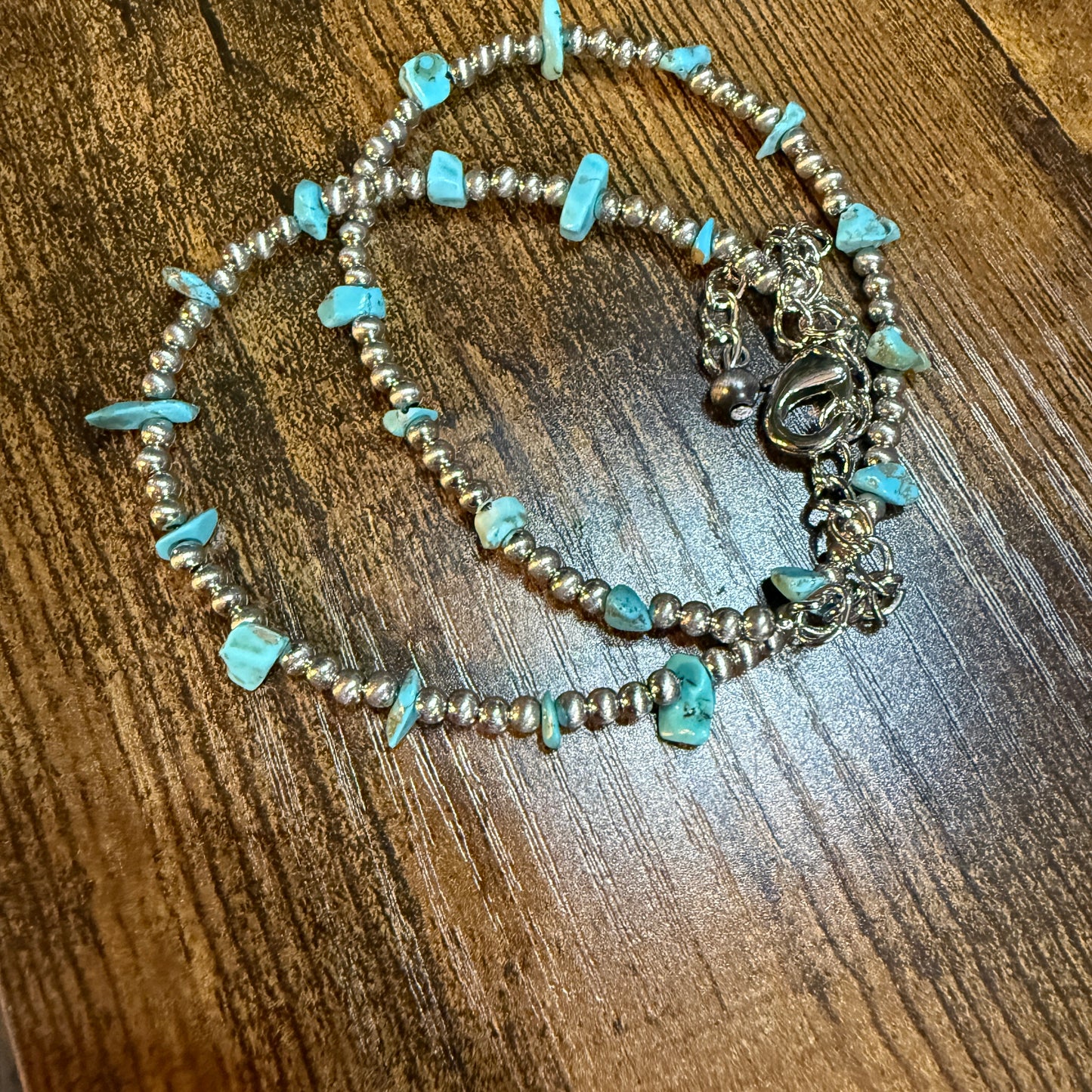 Handmade Navajo Style Turquoise Chip Necklace With Silver Tone Beads 16 To 21 Inches Wild West Boho