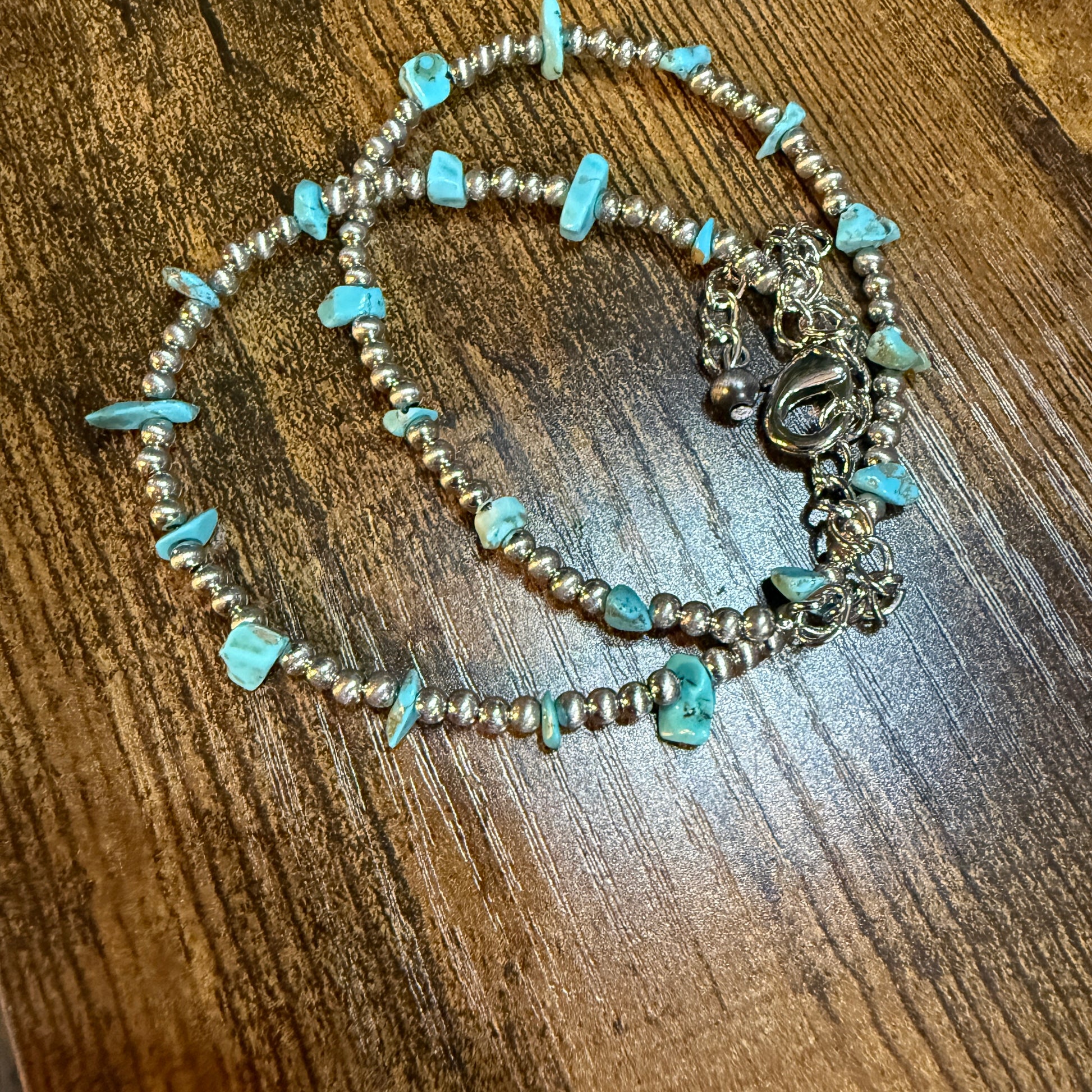 Handmade Navajo Style Turquoise Chip Necklace With Silver Tone Beads 16 To 21 Inches Wild West Boho