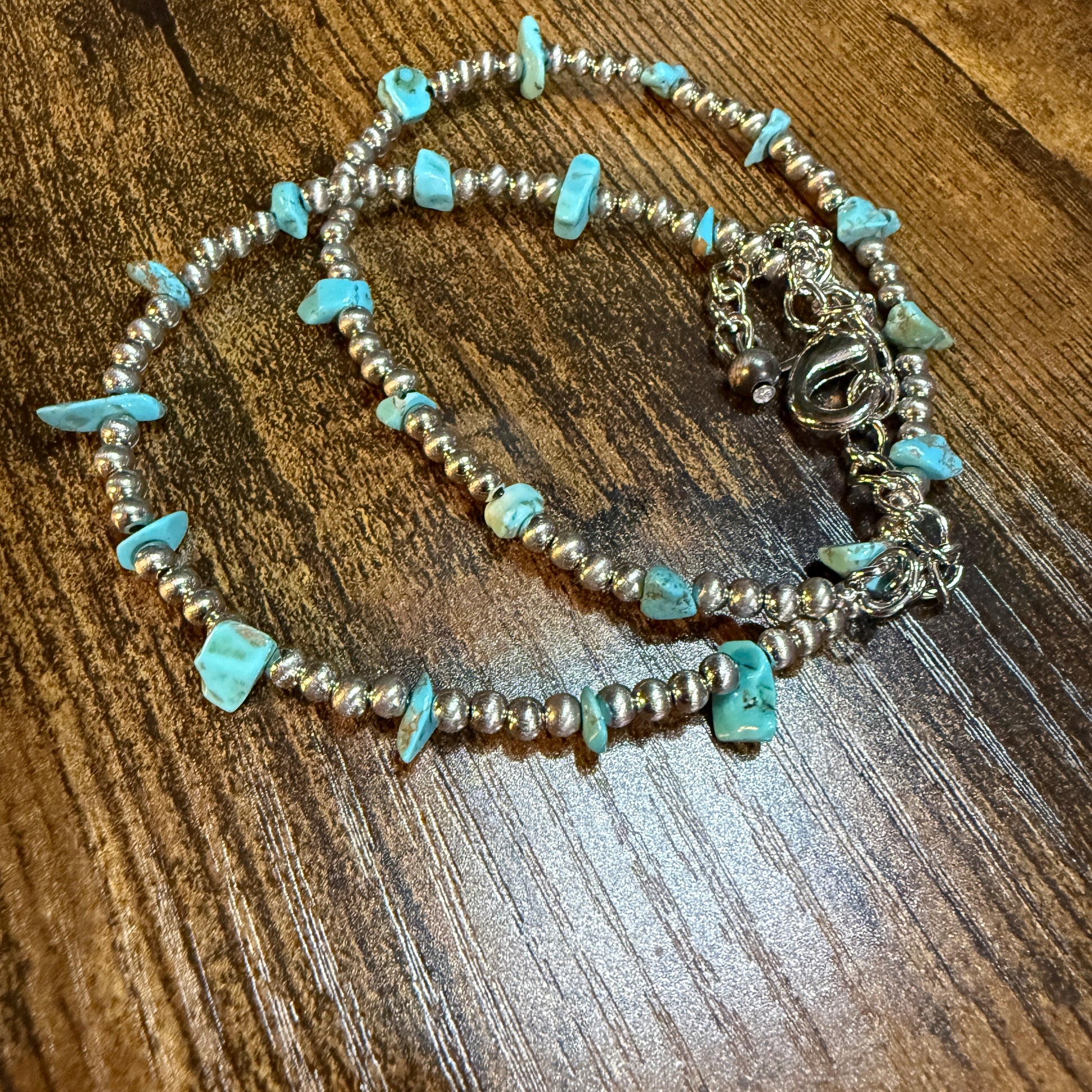 Handmade Navajo Style Turquoise Chip Necklace With Silver Tone Beads 16 To 21 Inches Wild West Boho