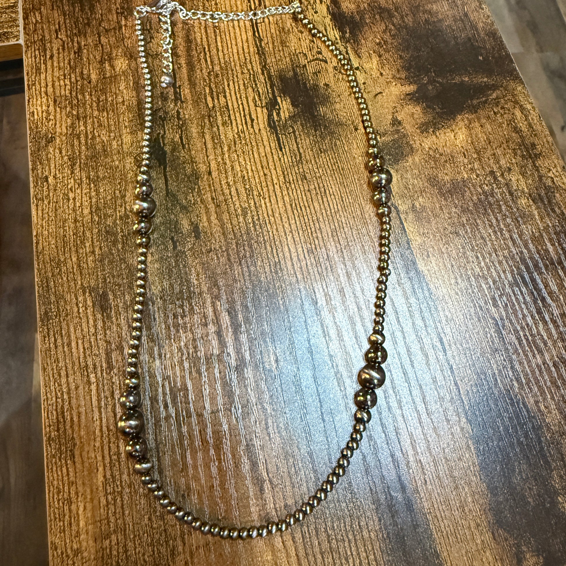 Navajo Style Western Silver Tone Bead Necklace With Clustered Polish Beads 22 To 27 Inch Wild West Boho