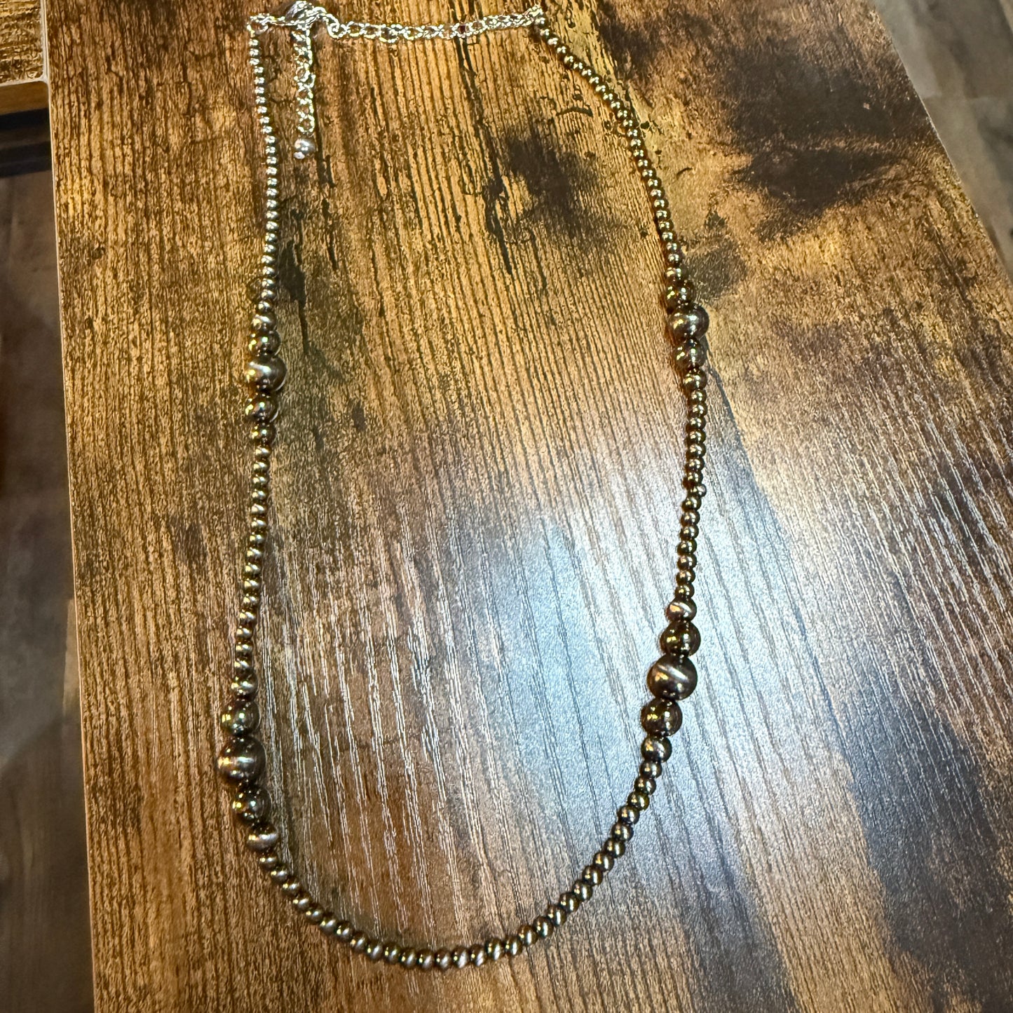 Navajo Style Western Silver Tone Bead Necklace With Clustered Polish Beads 22 To 27 Inch Wild West Boho