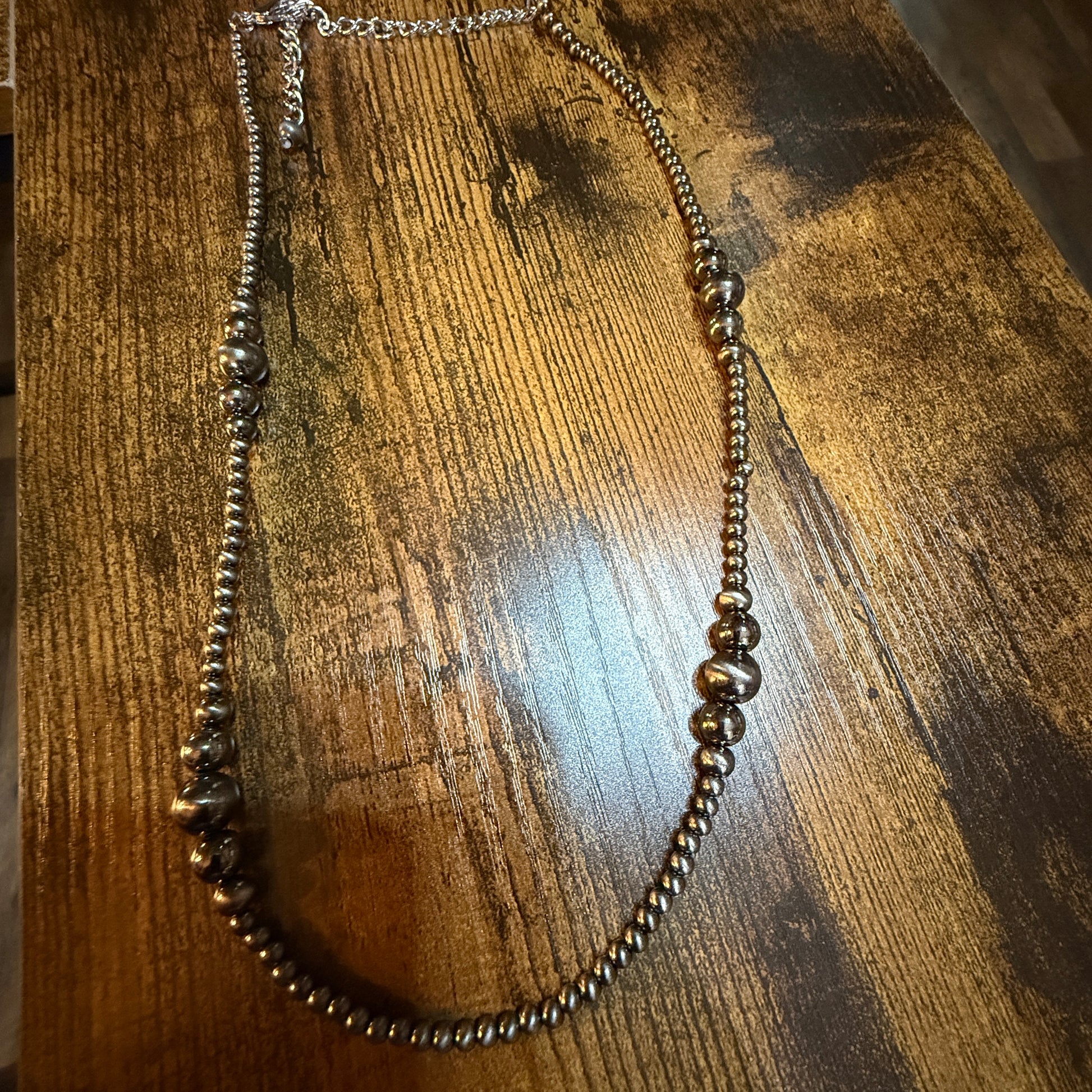 Navajo Style Western Silver Tone Bead Necklace With Clustered Polish Beads 22 To 27 Inch Wild West Boho