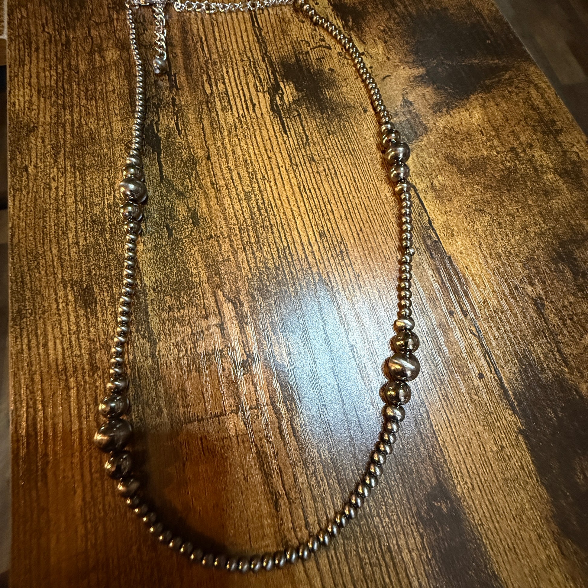 Navajo Style Western Silver Tone Bead Necklace With Clustered Polish Beads 22 To 27 Inch Wild West Boho