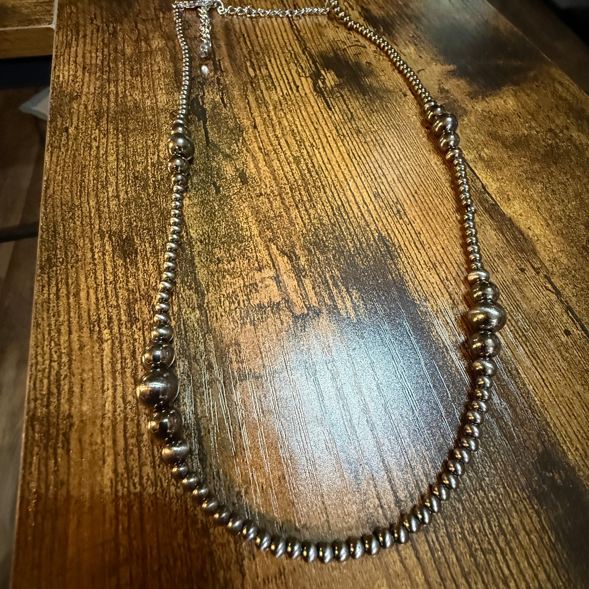 Navajo Style Western Silver Tone Bead Necklace With Clustered Polish Beads 22 To 27 Inch Wild West Boho