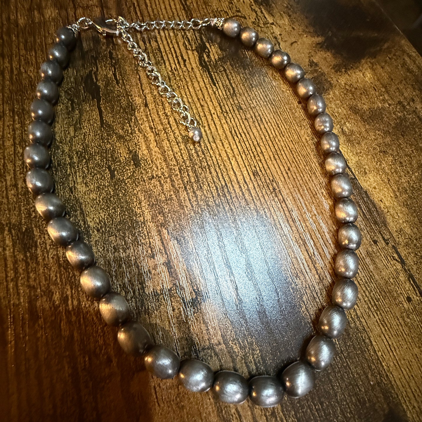 Handmade Oval Navajo Style Silver Tone Bead Necklace With 10mm Beads Wild West Boho