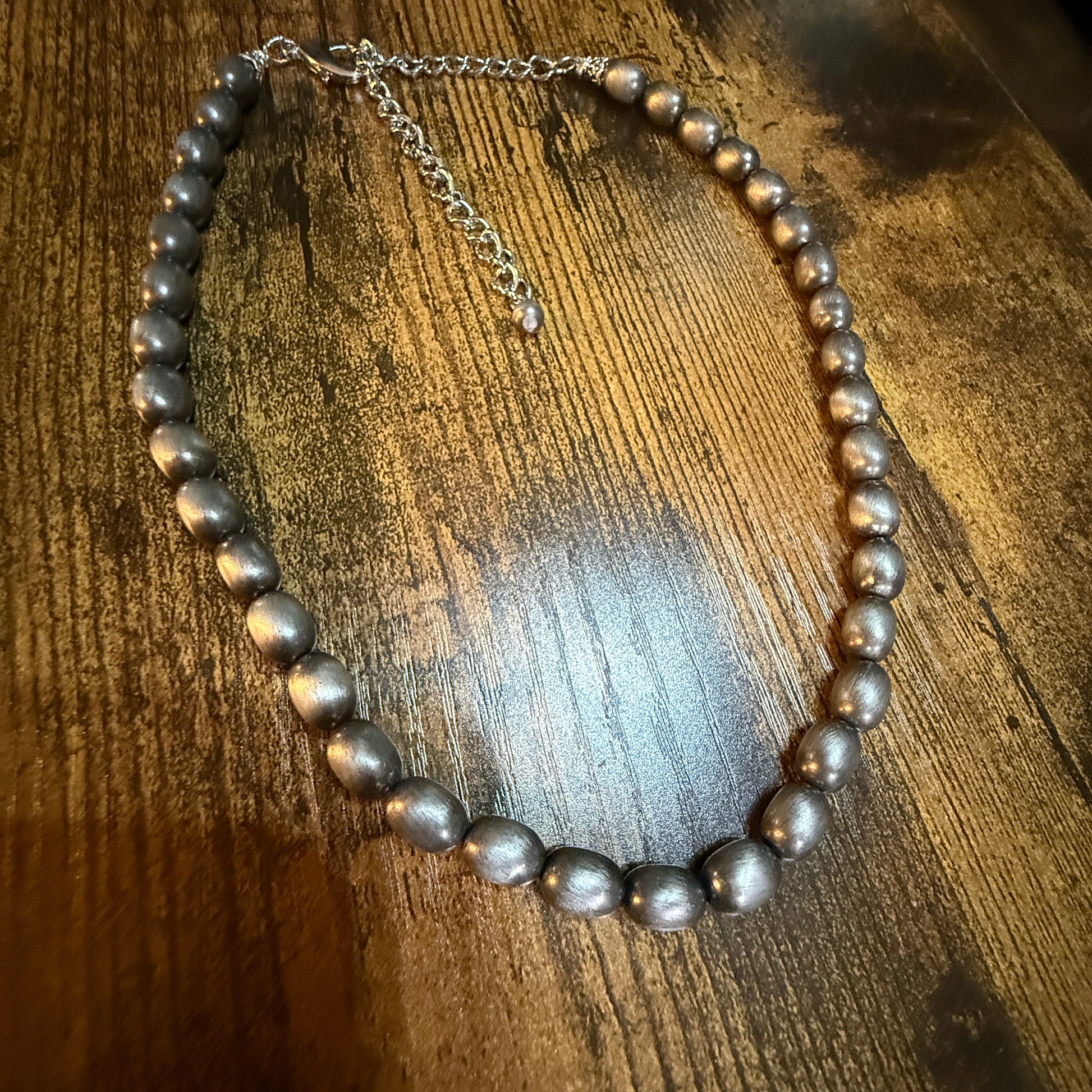 Handmade Oval Navajo Style Silver Tone Bead Necklace With 10mm Beads Wild West Boho