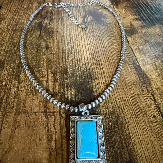 Handmade Navajo Style Turquoise 4 mm Bead Necklace with Pendant 16 to 21 Inches Wild West Boho