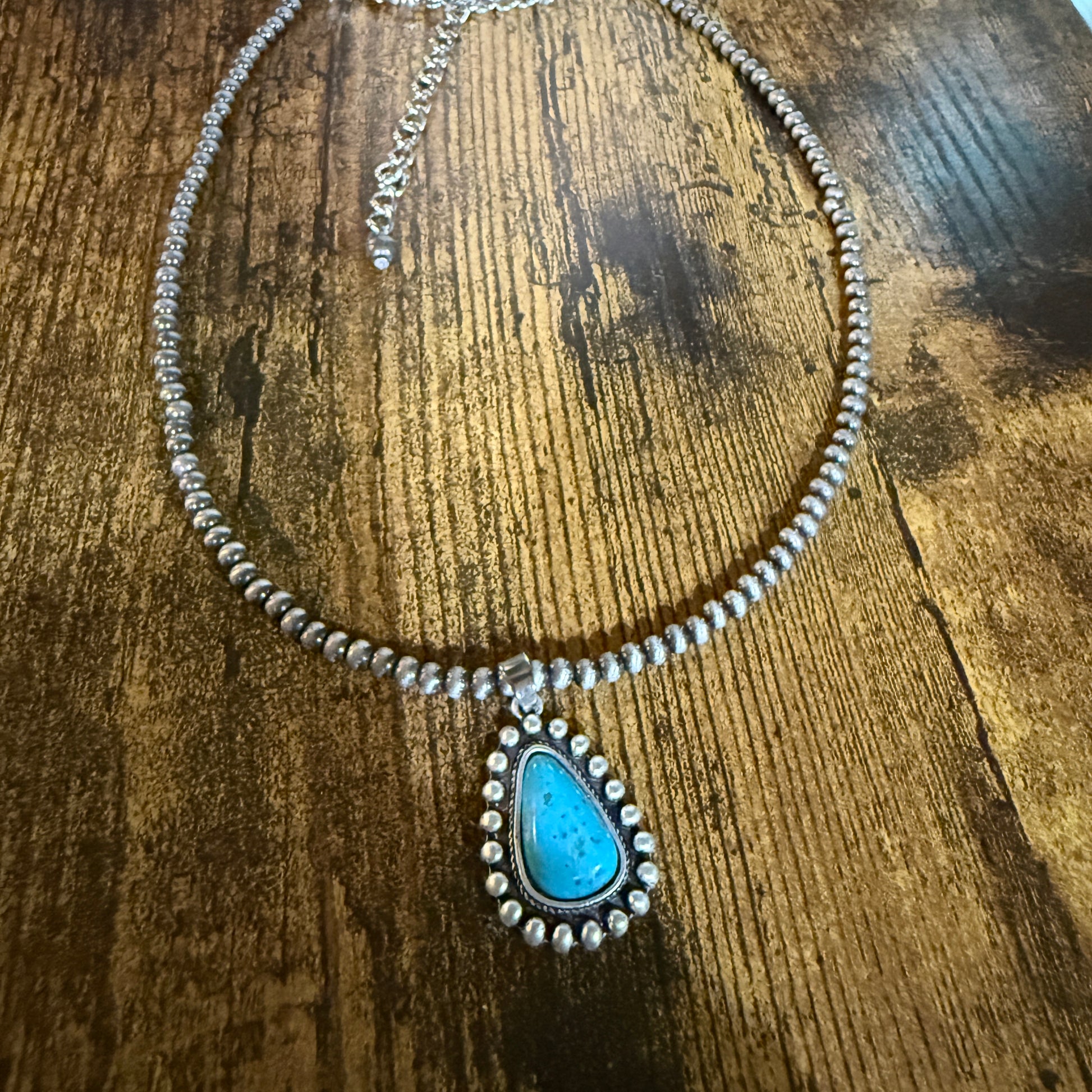 Handmade Navajo Style Turquoise Necklace With Tiny 4mm Beads And 1.3 Inch Pendant Wild West Boho