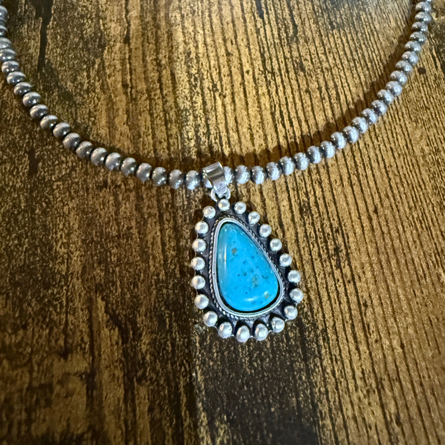 Handmade Navajo Style Turquoise Necklace With Tiny 4mm Beads And 1.3 Inch Pendant Wild West Boho