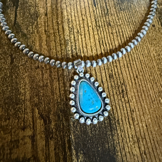 Handmade Navajo Style Turquoise Necklace With Tiny 4mm Beads And 1.3 Inch Pendant Wild West Boho