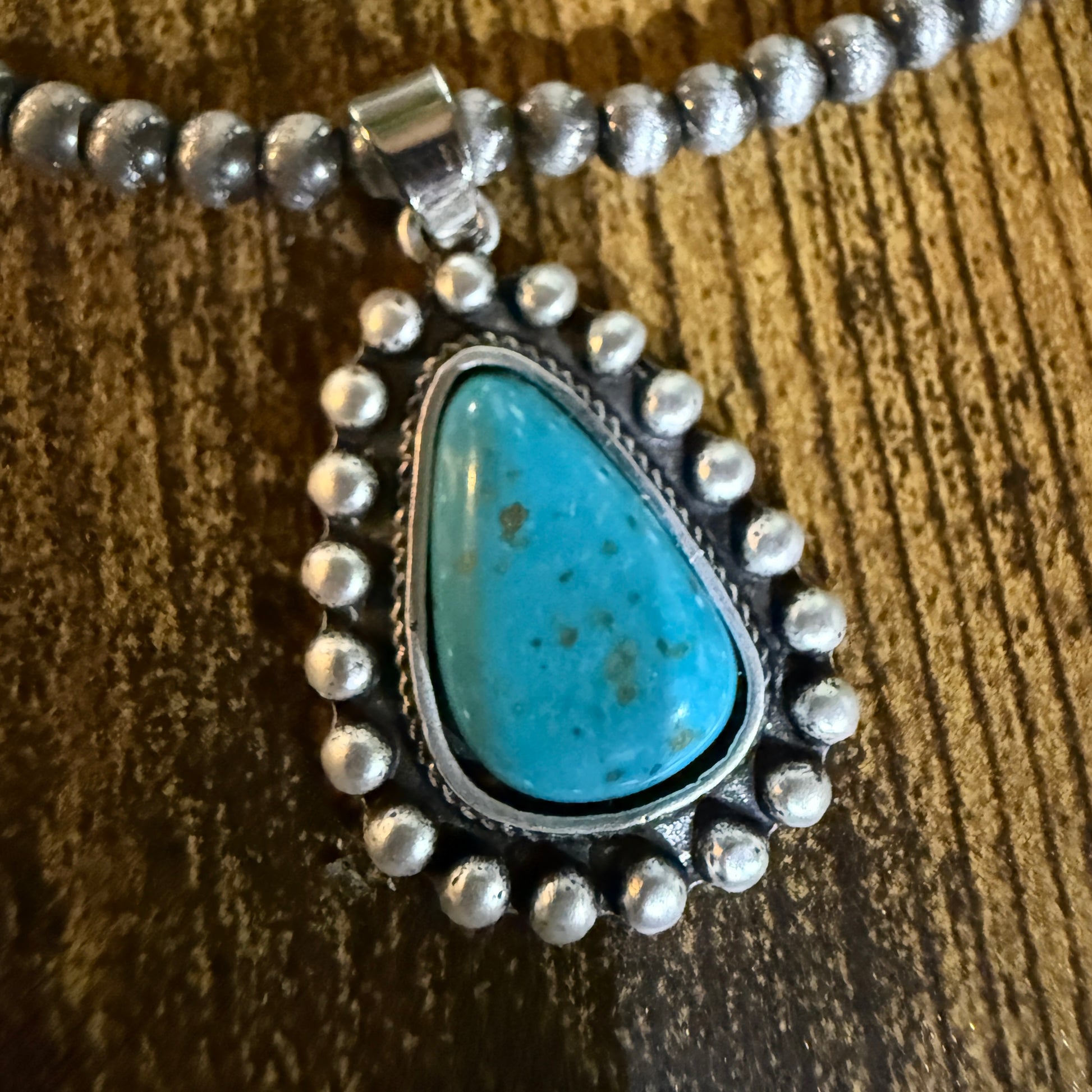 Handmade Navajo Style Turquoise Necklace With Tiny 4mm Beads And 1.3 Inch Pendant Wild West Boho