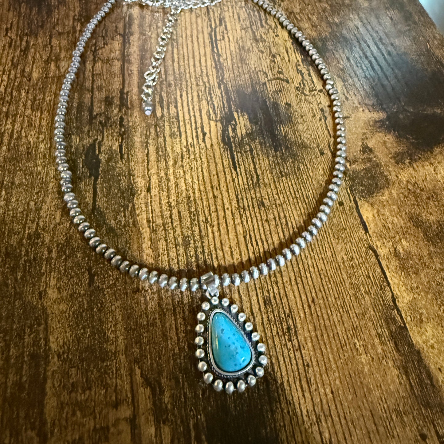 Handmade Navajo Style Turquoise Necklace With Tiny 4mm Beads And 1.3 Inch Pendant Wild West Boho