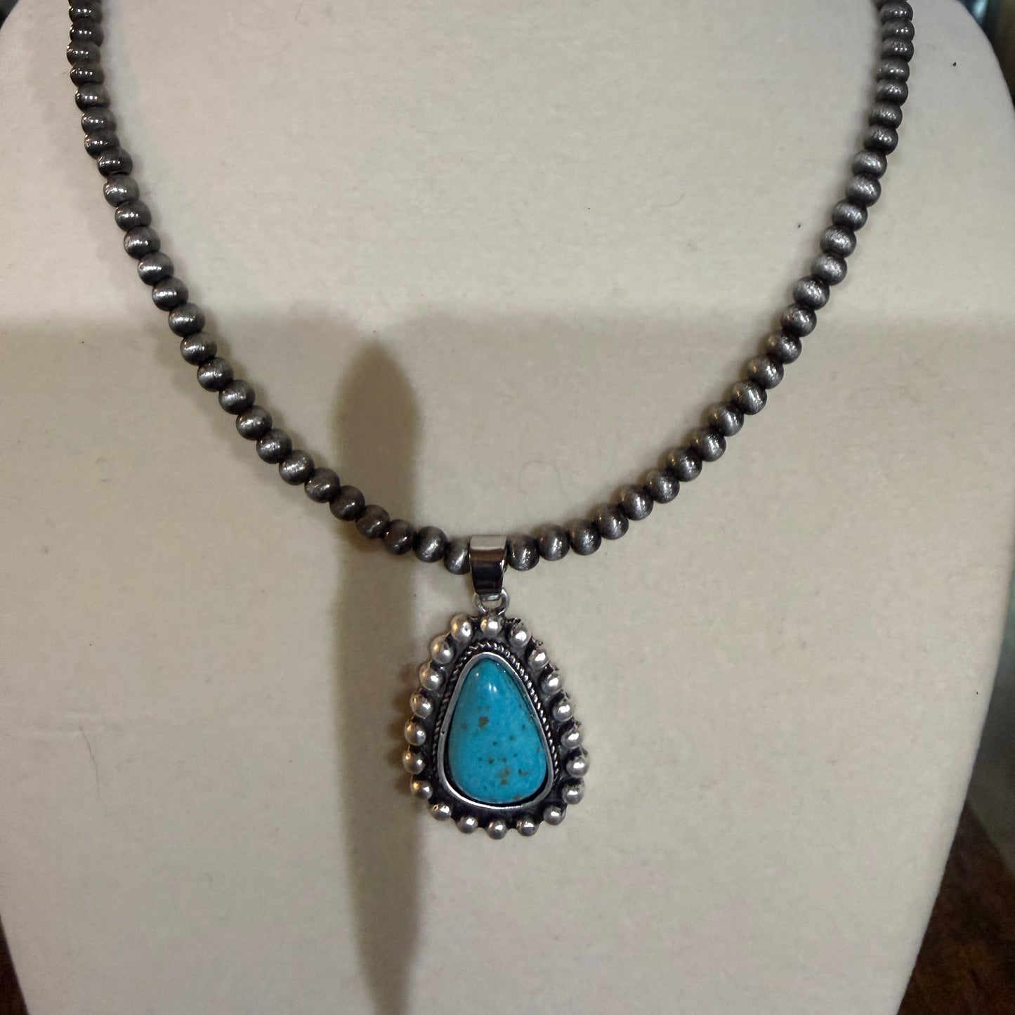 Handmade Navajo Style Turquoise Necklace With Tiny 4mm Beads And 1.3 Inch Pendant Wild West Boho