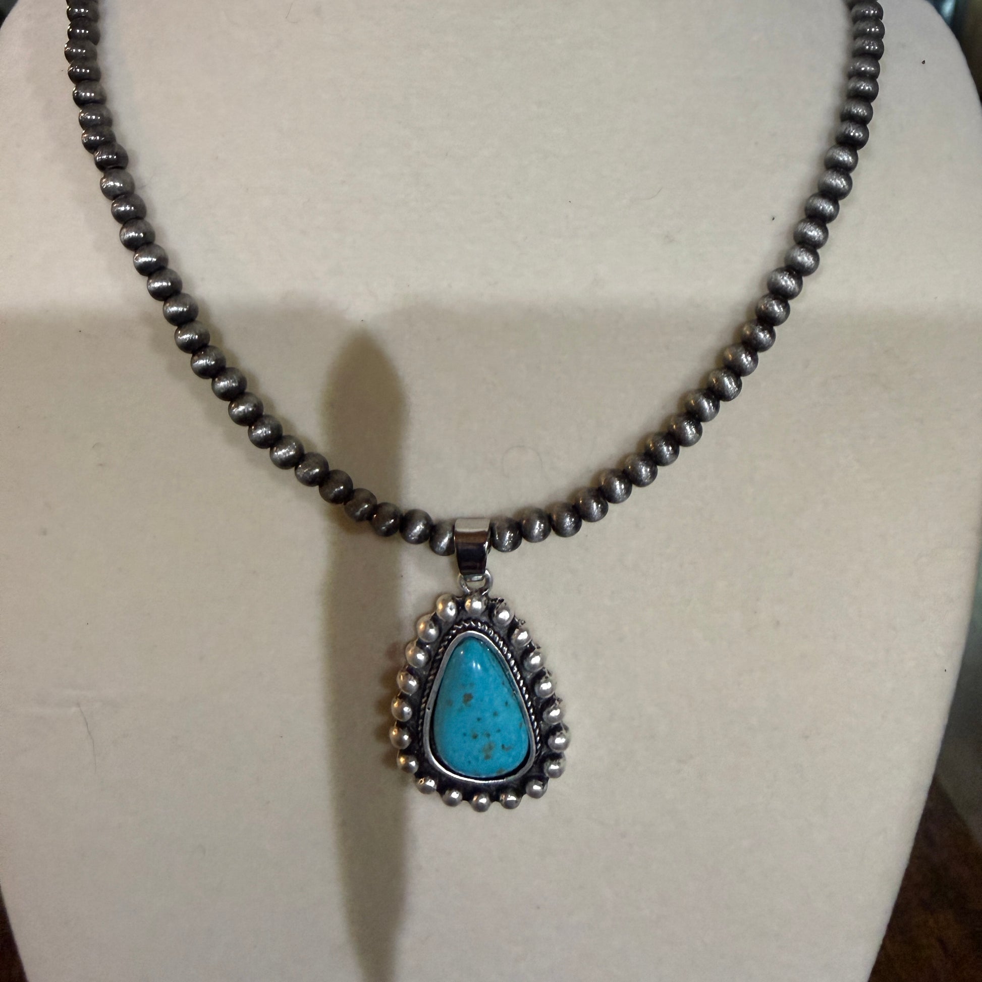 Handmade Navajo Style Turquoise Necklace With Tiny 4mm Beads And 1.3 Inch Pendant Wild West Boho