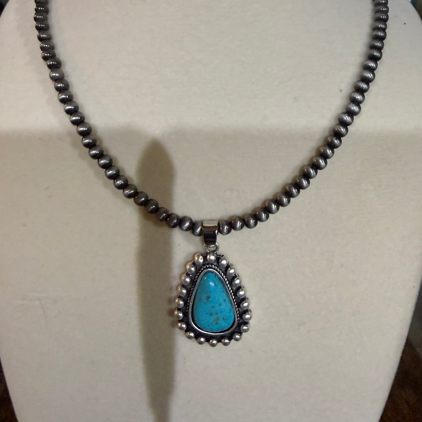 Handmade Navajo Style Turquoise Necklace With Tiny 4mm Beads And 1.3 Inch Pendant Wild West Boho