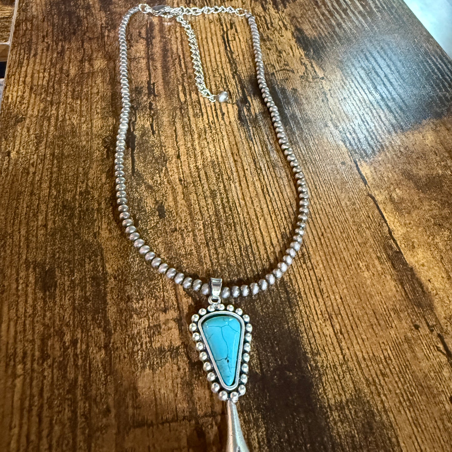 Handmade Squash Blossom Turquoise 4mm Necklace With Navajo Style Bead Pendant Wild West Boho