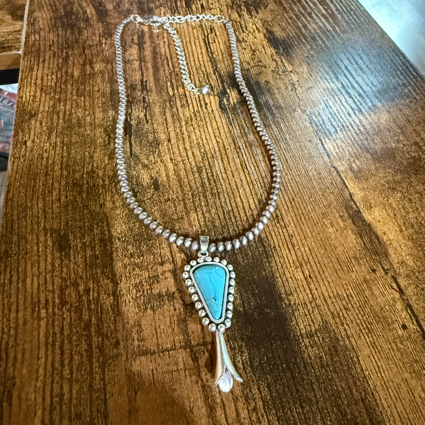 Handmade Squash Blossom Turquoise 4mm Necklace With Navajo Style Bead Pendant Wild West Boho