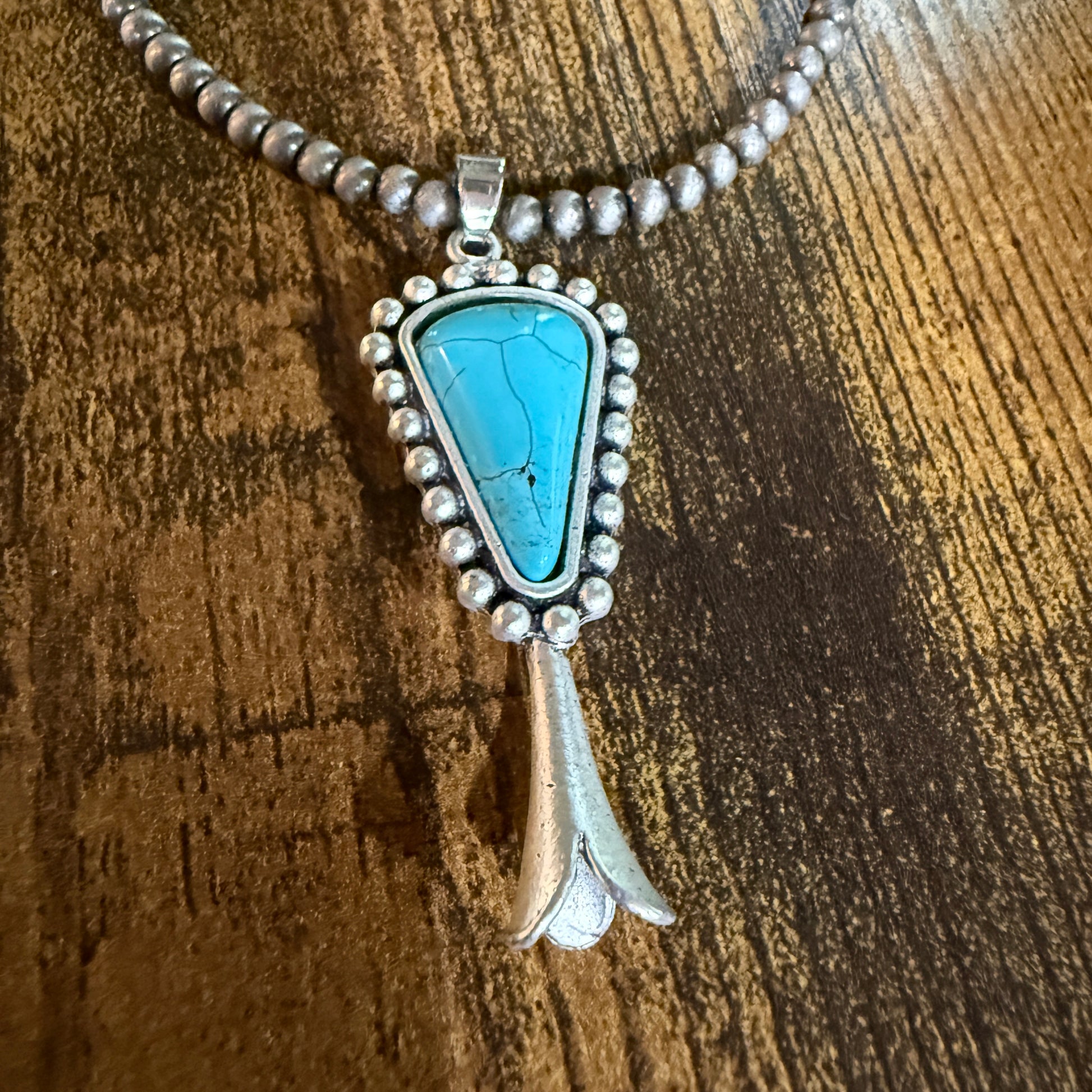 Handmade Squash Blossom Turquoise 4mm Necklace With Navajo Style Bead Pendant Wild West Boho