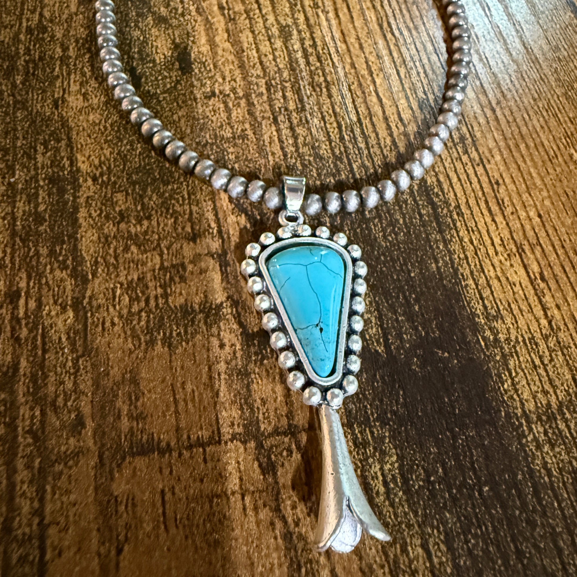 Handmade Squash Blossom Turquoise 4mm Necklace With Navajo Style Bead Pendant Wild West Boho