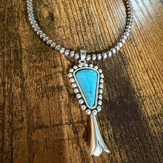 Handmade Squash Blossom Turquoise 4mm Necklace With Navajo Style Bead Pendant Wild West Boho