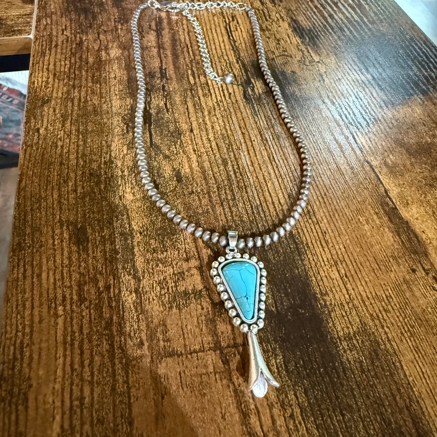 Handmade Squash Blossom Turquoise 4mm Necklace With Navajo Style Bead Pendant Wild West Boho