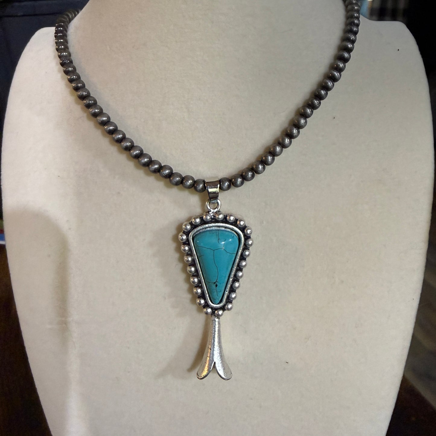 Handmade Squash Blossom Turquoise 4mm Necklace With Navajo Style Bead Pendant Wild West Boho