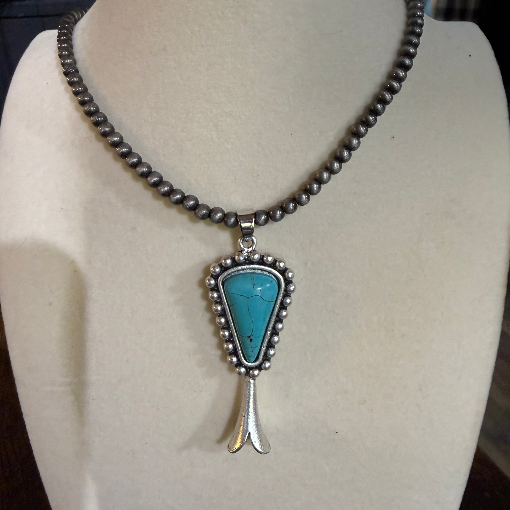 Handmade Squash Blossom Turquoise 4mm Necklace With Navajo Style Bead Pendant Wild West Boho
