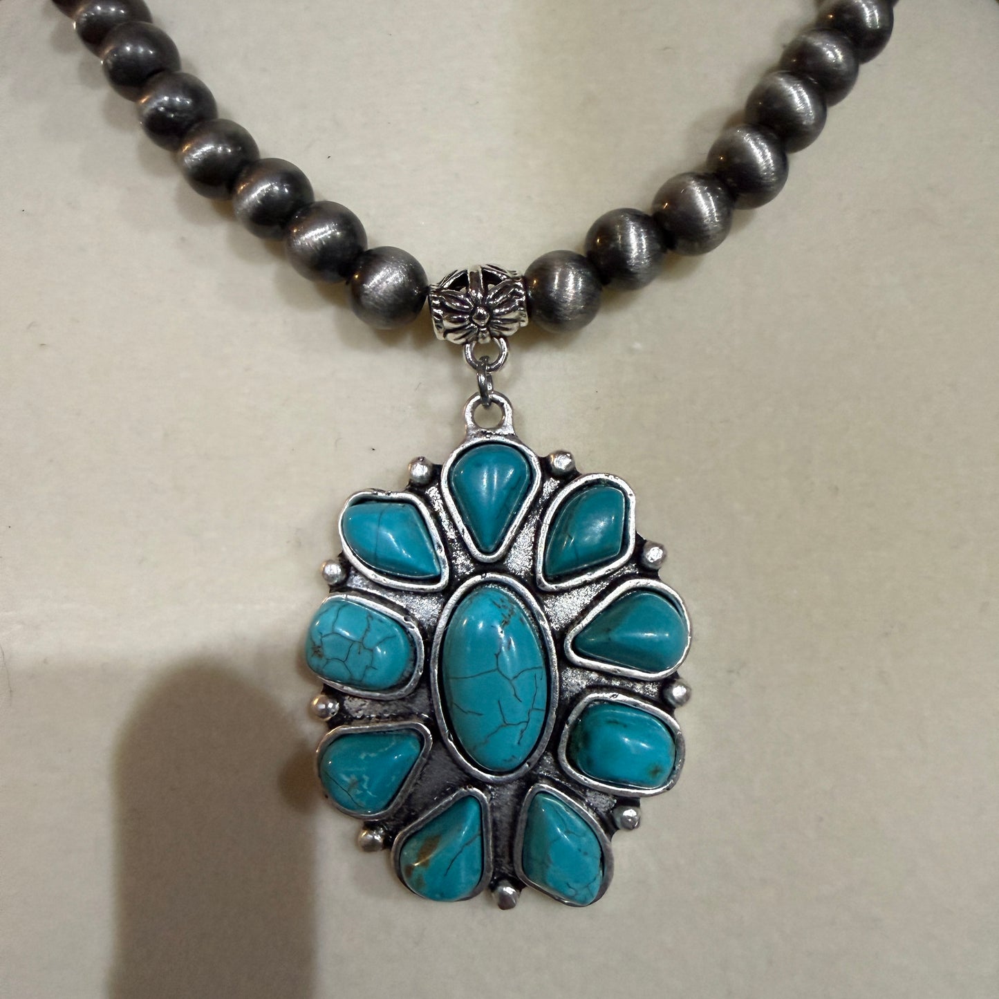 Handmade Navajo Style Turquoise Cluster Pendant 8mm Bead Necklace Wild West Boho