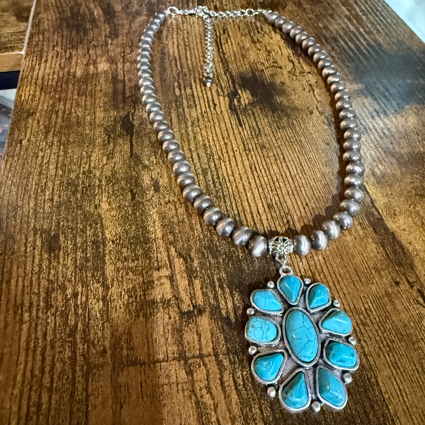 Handmade Navajo Style Turquoise Cluster Pendant 8mm Bead Necklace Wild West Boho
