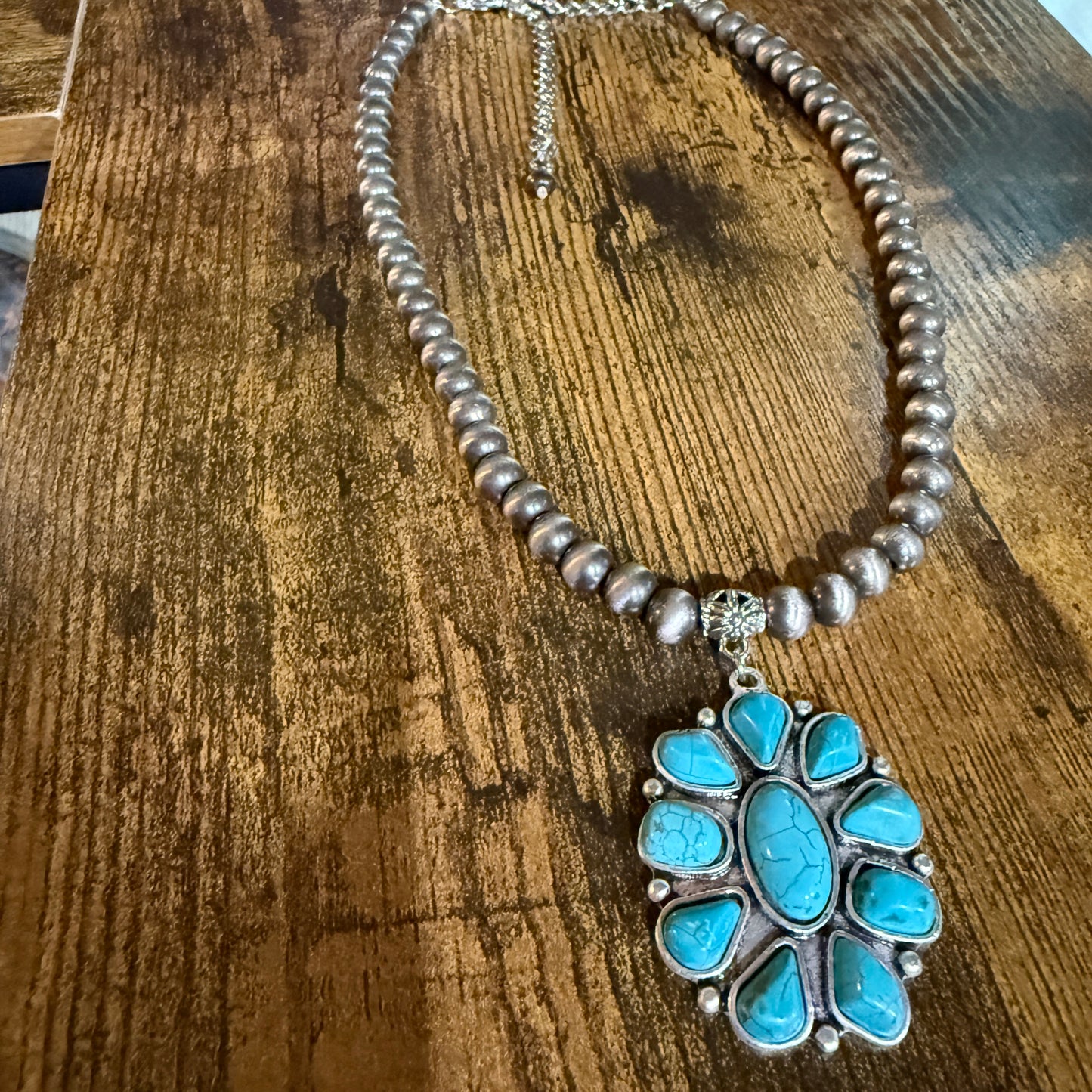 Handmade Navajo Style Turquoise Cluster Pendant 8mm Bead Necklace Wild West Boho