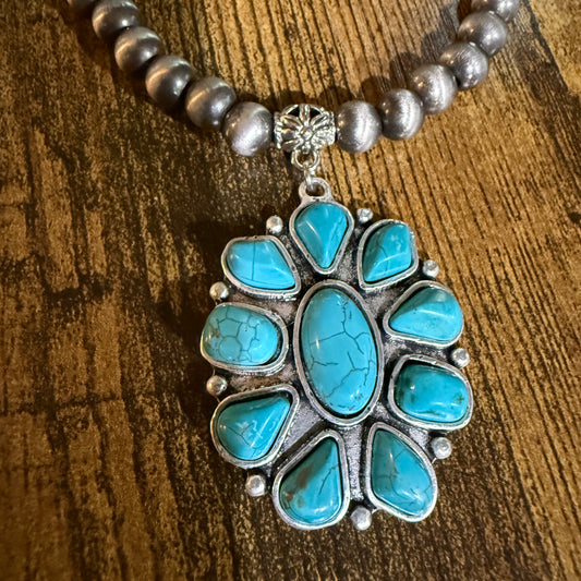 Handmade Navajo Style Turquoise Cluster Pendant 8mm Bead Necklace Wild West Boho