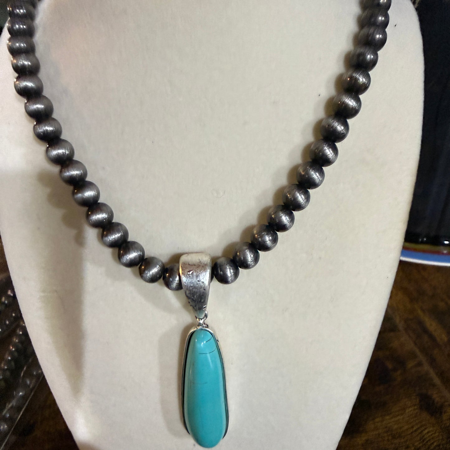 Navajo Style Elongated Turquoise Pendant With 8mm Pearl Beads 16 Inch Adjustable Wild West Boho