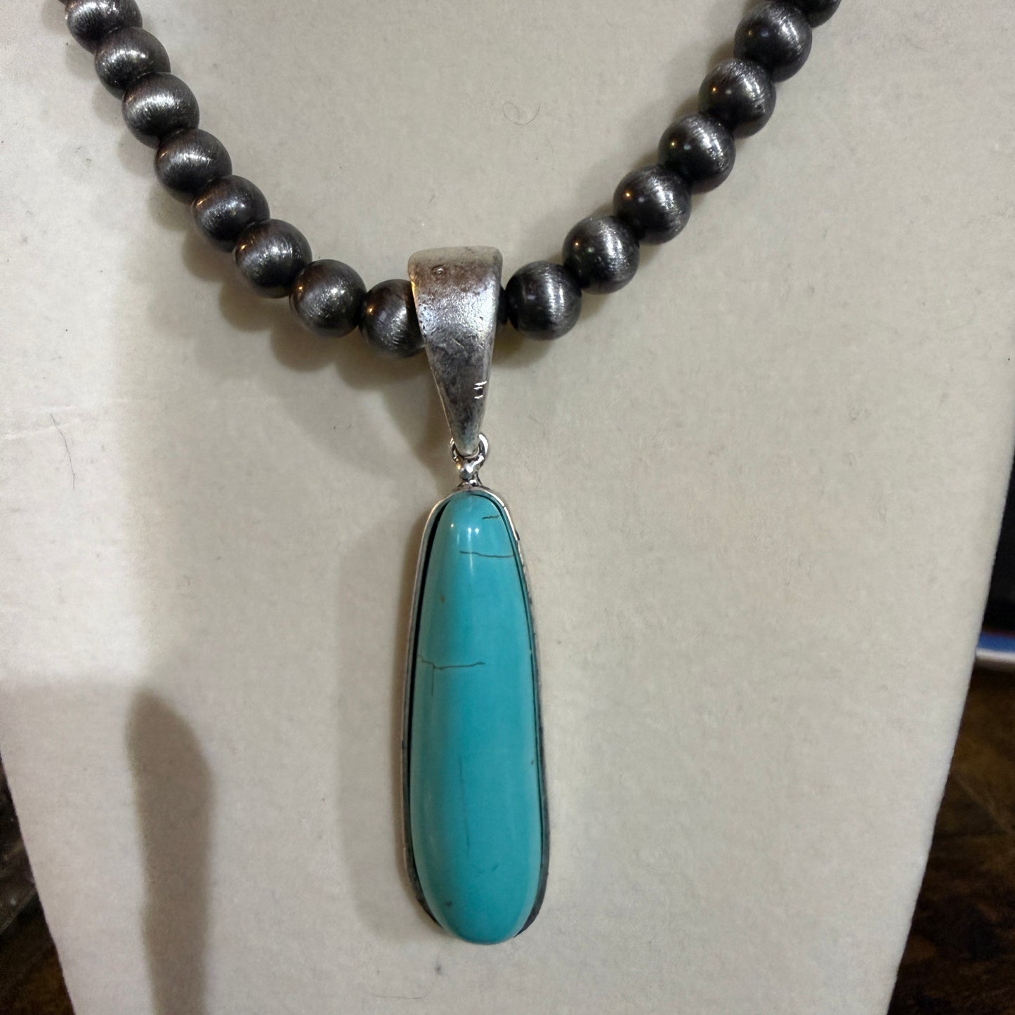 Navajo Style Elongated Turquoise Pendant With 8mm Pearl Beads 16 Inch Adjustable Wild West Boho