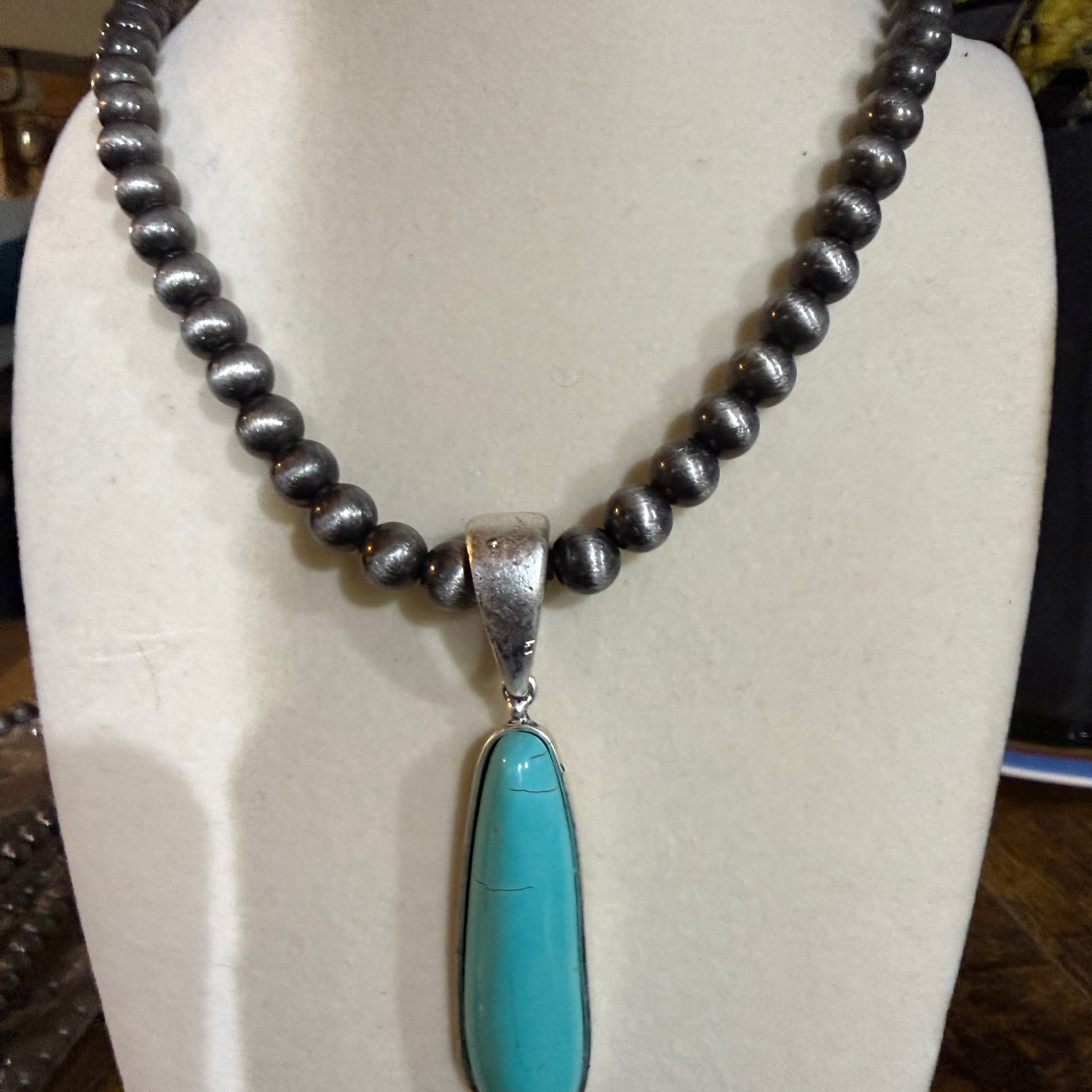 Navajo Style Elongated Turquoise Pendant With 8mm Pearl Beads 16 Inch Adjustable Wild West Boho