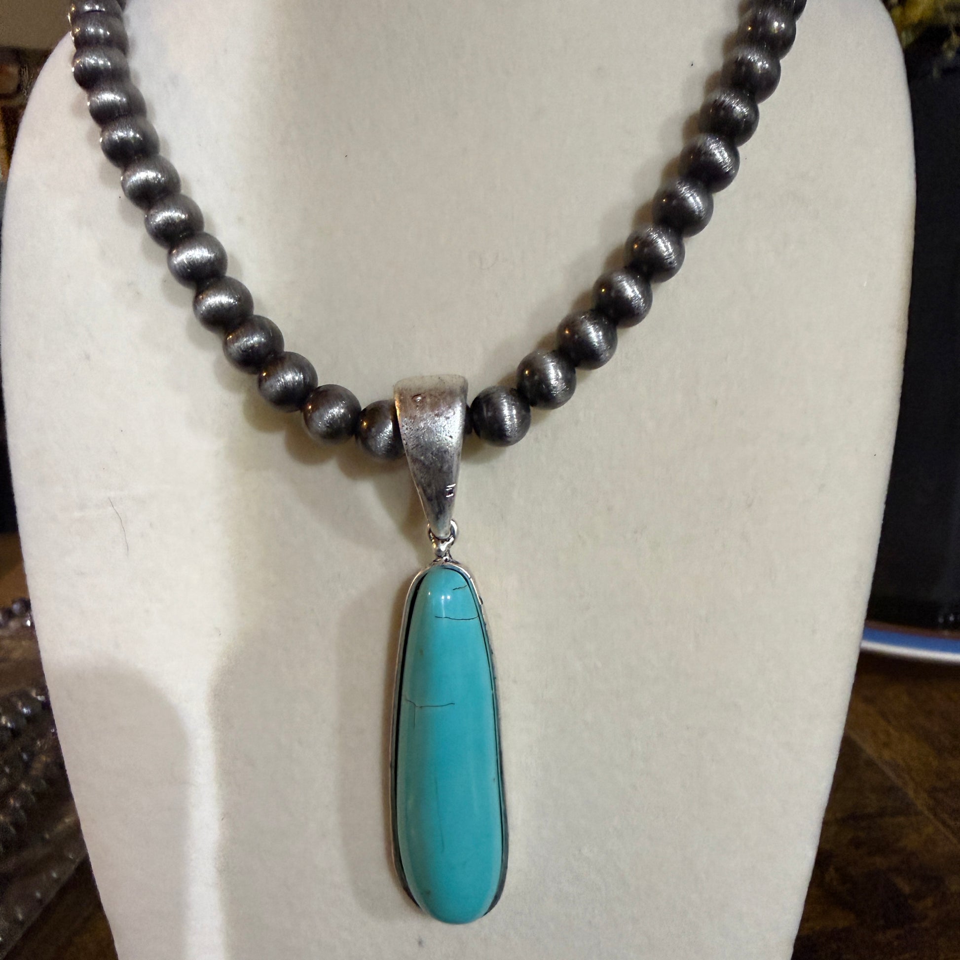 Navajo Style Elongated Turquoise Pendant With 8mm Pearl Beads 16 Inch Adjustable Wild West Boho