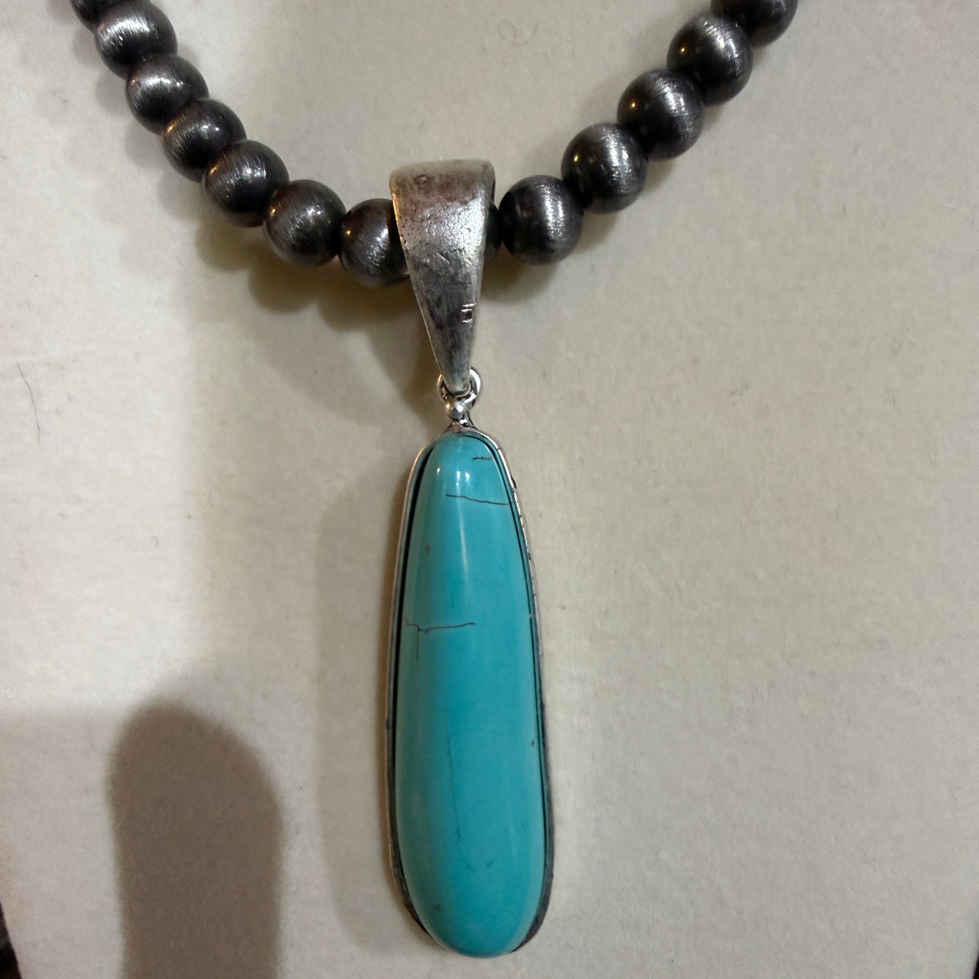 Navajo Style Elongated Turquoise Pendant With 8mm Pearl Beads 16 Inch Adjustable Wild West Boho